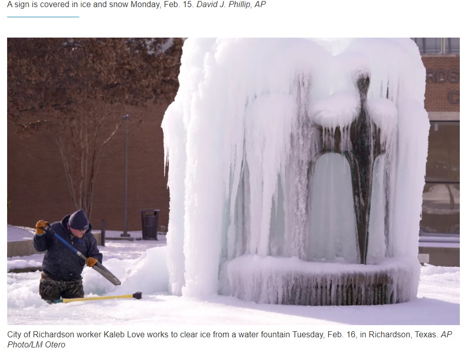 記録的な寒波で町中の様々なものが凍りつく（画像は『USA TODAY　2021年2月18日付「Icicles hanging from a ceiling fan, a frosted cactus: Texas is frozen in surreal photos」（Photo/LM Otero）』のスクリーンショット）