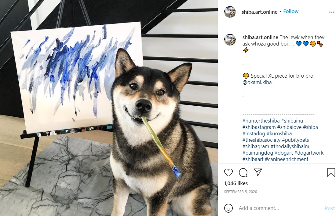 絵を描く柴犬のハンター（画像は『H U N T E R　2020年9月5日付Instagram「The lewk when they ask whoza good boi ....」』のスクリーンショット）