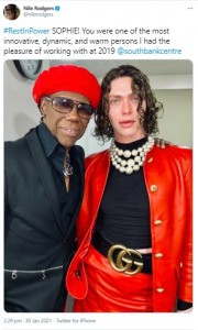 ナイル・ロジャースからの追悼メッセージ（画像は『Nile Rodgers　2021年1月30日付Twitter「＃RestInPower SOPHIE!」』のスクリーンショット）