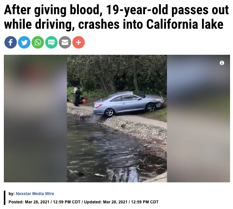 献血後に失神し車ごと湖へ（画像は『FOX 4 Kansas City　2021年3月28日付「After giving blood, 19-year-old passes out while driving, crashes into California lake」』のスクリーンショット）