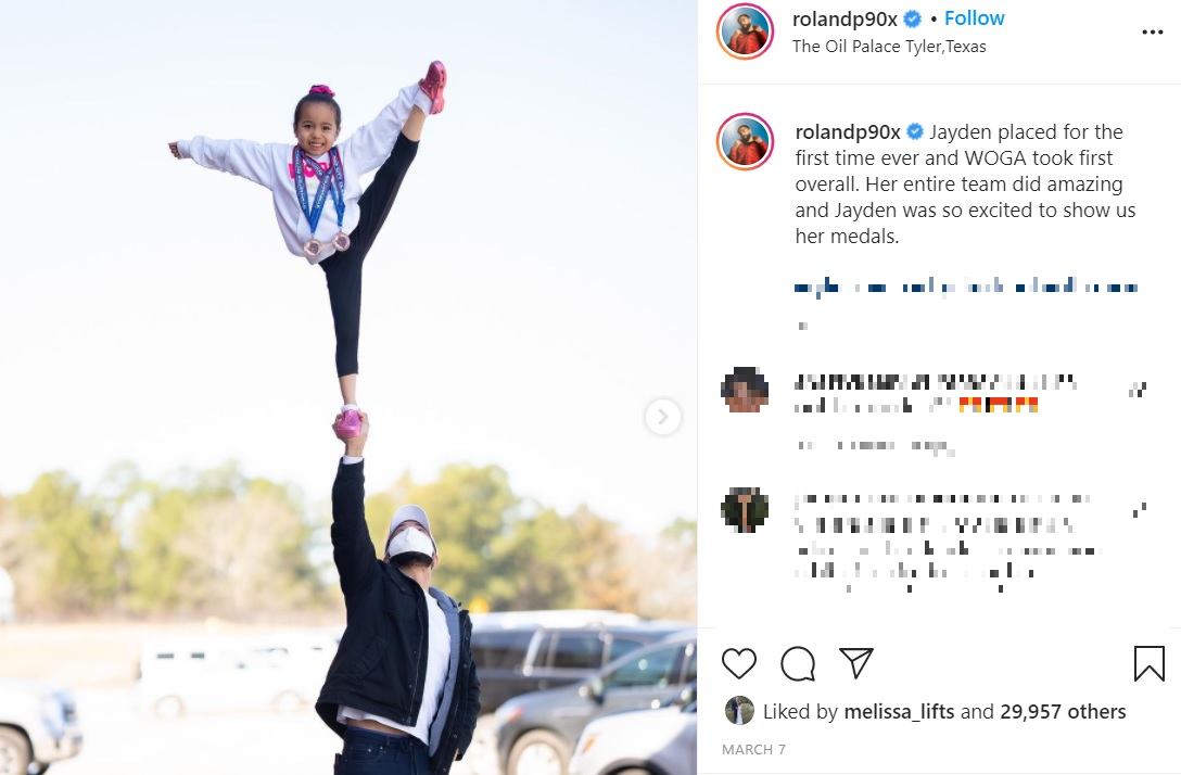 チアリーディングで活躍するジェイデンちゃん（画像は『Roland Pollard　2021年3月7日付Instagram「Jayden placed for the first time ever and WOGA took first overall.」』のスクリーンショット