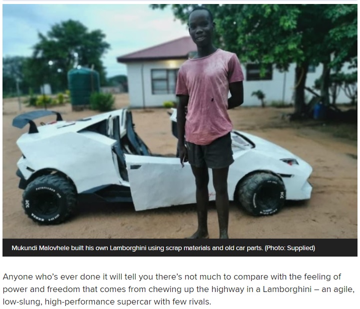 21歳青年と自作のランボルギーニ（画像は『News24　2021年3月10日付「Meet the 21-year-old Limpopo man who spent 4 years building his own Lamborghini from scratch」』のスクリーンショット）