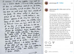 モーガンが公開した手書きの文章（画像は『Piers Morgan　2021年3月12日付Instagram「A little note to all my followers...」』のスクリーンショット）