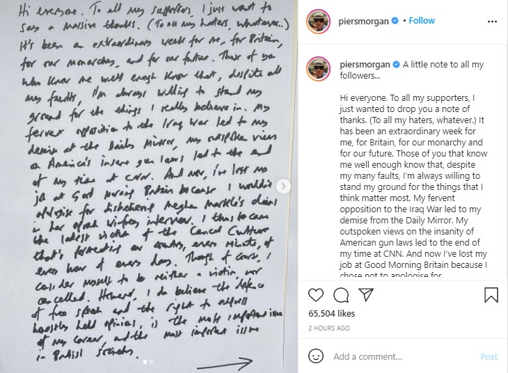 モーガンが公開した手書きの文章（画像は『Piers Morgan　2021年3月12日付Instagram「A little note to all my followers...」』のスクリーンショット）