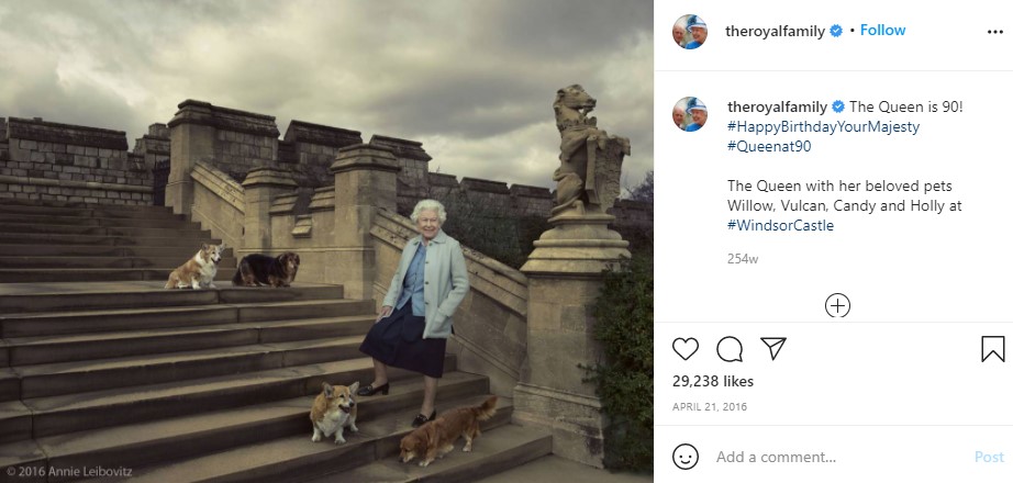 エリザベス女王がこれまでに飼った愛犬達（左上から）ウィロー、バルカン、ホリー、キャンディ（画像は『The Royal Family　2016年4月21日付Instagram「The Queen is 90!」』のスクリーンショット）