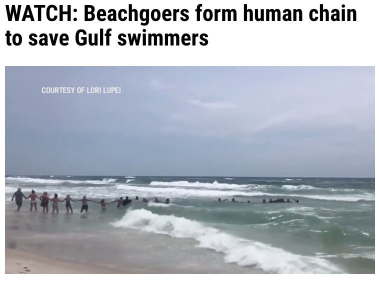 少女を救うため海水浴客が“人間の鎖”を作る（画像は『WGNTV.com　2021年4月15日付「WATCH: Beachgoers form human chain to save Gulf swimmers」』のスクリーンショット）