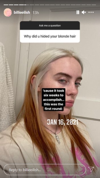 ブロンドヘアに変える、最初の段階（画像は『BILLIE EILISH　2021年4月3日付Instagram』のスクリーンショット）