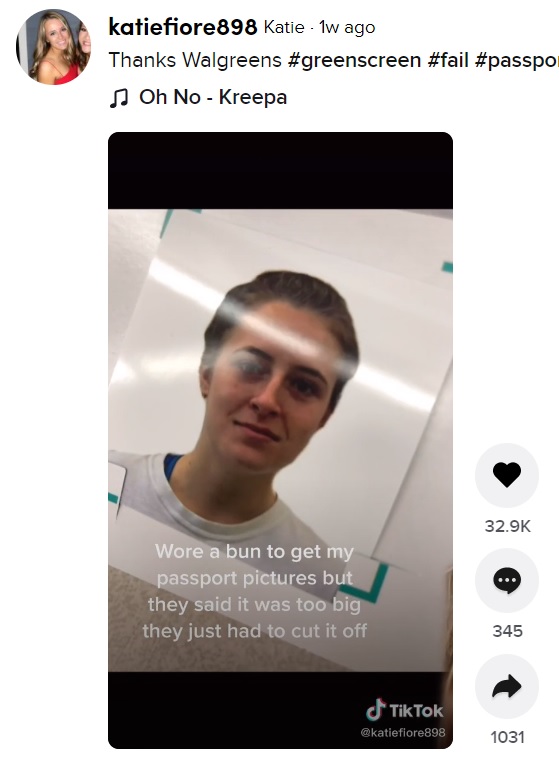 無慈悲すぎる加工に多くの笑いの声が寄せられた（画像は『Katie　2021年4月7日付TikTok「Thanks Walgreens」』のスクリーンショット）