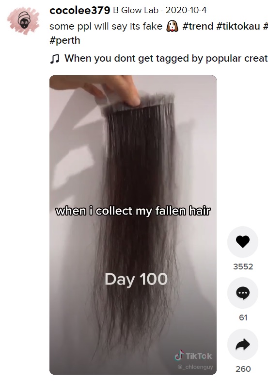 チャレンジを始めてから100日で1束のエクステが完成した（画像は『cocolee379　2020年10月4日付TikTok「some ppl will say its fake」』のスクリーンショット）