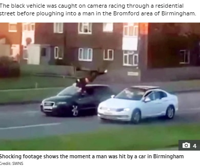 車のボンネットの上で一回転する男性（画像はThe Sun　2021年4月20日付「LEFT FOR DEAD Horrifying moment car smashes into pedestrian catapulting him through the air before speeding off」（Credit: SWNS）』のスクリーンショット）