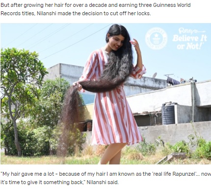 長い髪が自慢だったニランシさん（画像は『Guinness World Records　2021年4月14日付「Teen with world’s longest hair cuts it off after 12 years of growing it」』のスクリーンショット）