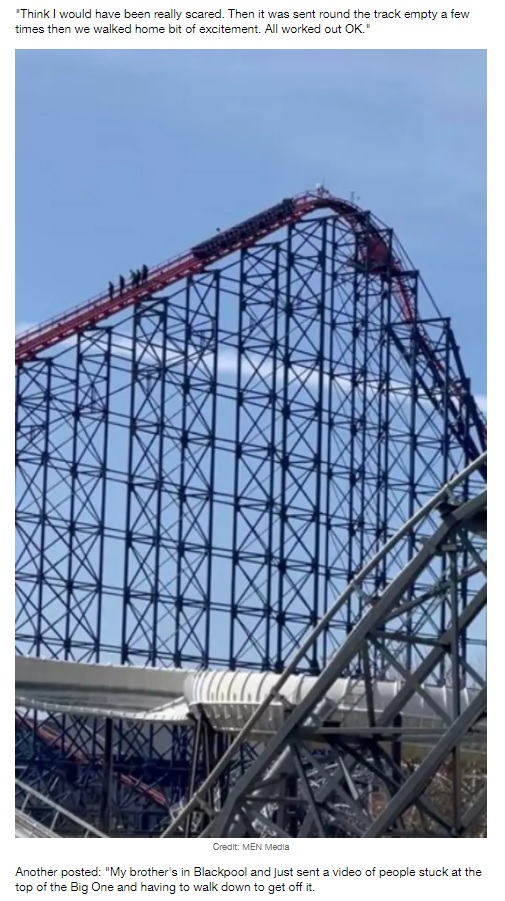 地上から捉えた歩いて下りる乗客たち（画像は『LADbible　2021年4月26日付「Blackpool’s 213 Foot Big One Rollercoaster Breaks Down With Riders Having To Walk Down Stairs」（Credit: MEN Media）』のスクリーンショット）