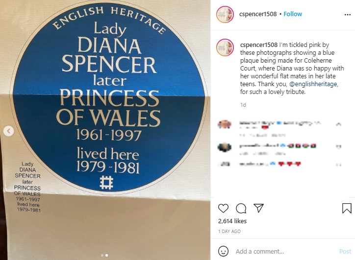 ダイアナ妃のブルー・プラークのデザイン画（画像は『Charles Spencer　2021年4月1日付Instagram「I’m tickled pink by these photographs showing a blue plaque being made for Coleherne Court, where Diana was so happy with her wonderful flat mates in her late teens.」』のスクリーンショット）