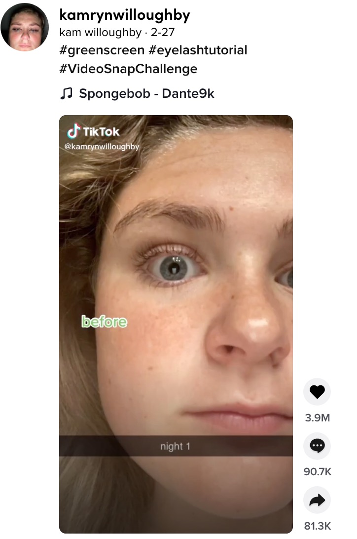 まつ毛美容液を使用する前のカムリンさん（画像は『kam willoughby　2021年2月27日付TikTok「＃greenscreen ＃eyelashtutorial ＃VideoSnapChallenge」』のスクリーンショット）
