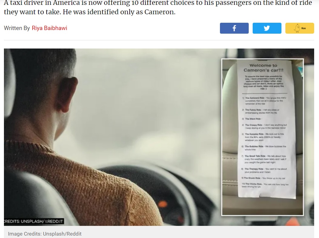 タクシー運転手のユニークな取り組みに「体験してみたい」の声も（画像は『Republic World　2021年5月2日付「‘Creepy, Karaoke, Drunk...’: Taxi Driver Offers Passengers Ten Ride Options To Choose From」（Image Credits: Unsplash/Reddit）』のスクリーンショット）