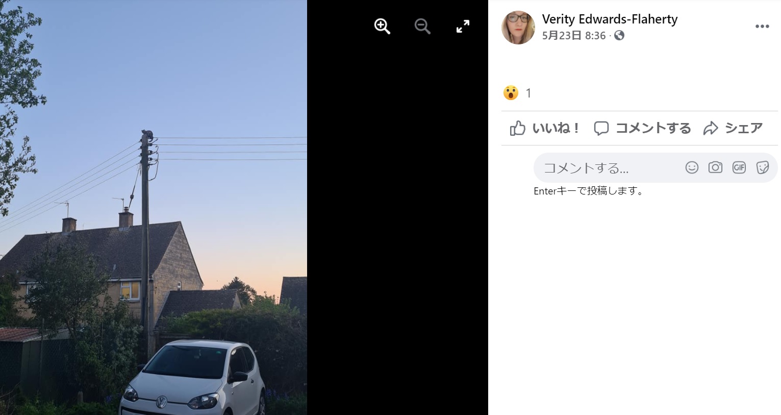 日が沈む前に発見されたグリフィンドール（画像は『Verity Edwards-Flaherty　2021年5月23日付Facebook「Nothing like a bit of Saturday night drama with Connor’s cat stuck up an electricity pylon for 8 hours ! 」』のスクリーンショット）