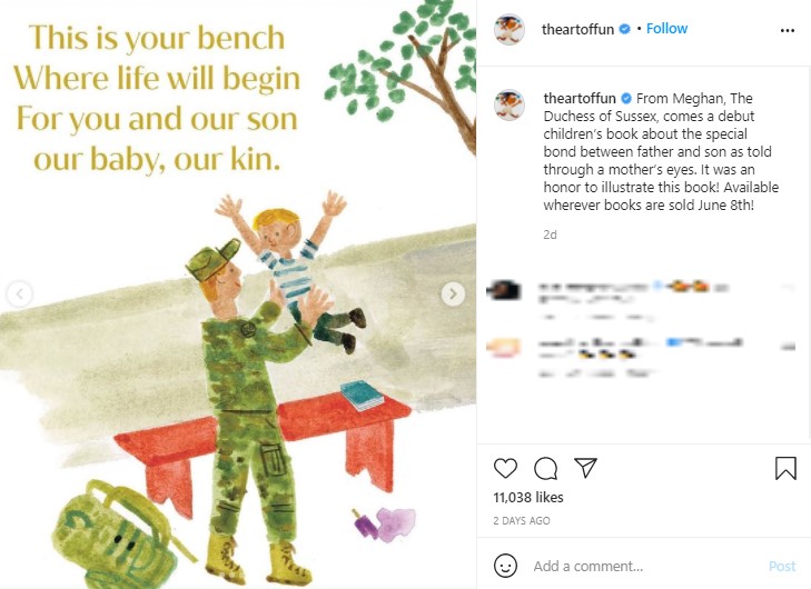 ヘンリー王子を思わせる兵士が幼い息子を抱き上げている（画像は『Christian Robinson　2021年5月5日付Instagram「From Meghan, The Duchess of Sussex, comes a debut children’s book about the special bond between father and son as told through a mother’s eyes.」』のスクリーンショット）