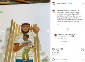 昼寝をする父子を描いた心温まるイラスト（画像は『Christian Robinson　2021年5月5日付Instagram「From Meghan, The Duchess of Sussex, comes a debut children’s book about the special bond between father and son as told through a mother’s eyes.」』のスクリーンショット）