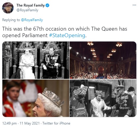 女王が国会を開会するのは今回で67回目に（画像は『The Royal Family　2021年5月11日付Twitter「This was the 67th occasion on which The Queen has opened Parliament ＃StateOpening.」』のスクリーンショット）