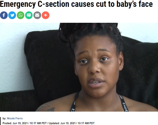 納得がいかない母リジャーナさん（画像は『KRON4　2021年6月19日付「Emergency C-section causes cut to baby’s face」』のスクリーンショット）