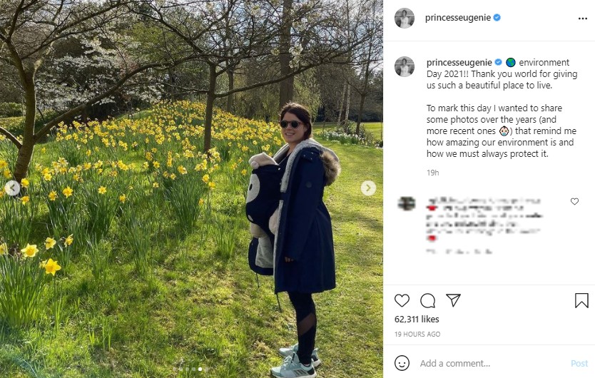 愛息オーガスト君を抱いて散歩するユージェニー王女（画像は『Princess Eugenie　2021年6月6日付Instagram「environment Day 2021!!」』のスクリーンショット）