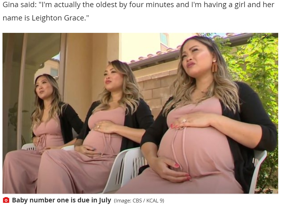 同時に妊娠が発覚し、喜びを語る三つ子姉妹（画像は『Mirror　2021年6月23日付「Triplet sisters fall pregnant at the same time with their babies due weeks apart」（Image: CBS / KCAL 9）』のスクリーンショット）