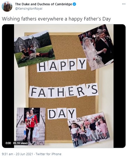 左下が初公開した親子ショット（画像は『The Duke and Duchess of Cambridge　2021年6月20日付Twitter「Wishing fathers everywhere a happy Father’s Day」』のスクリーンショット）