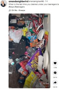 「最後に掃除したのはいつ？」（画像は『AmandaNighbertRD　2021年7月11日付TikTok「When is the last time you cleaned under your teenagers bed?!!」』のスクリーンショット）