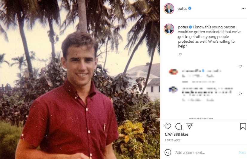 バイデン大統領が公開した自身の若い頃の写真（画像は『President Joe Biden　2021年7月13日付Instagram「I know this young person would’ve gotten vaccinated, but we’ve got to get other young people protected as well.」』のスクリーンショット）