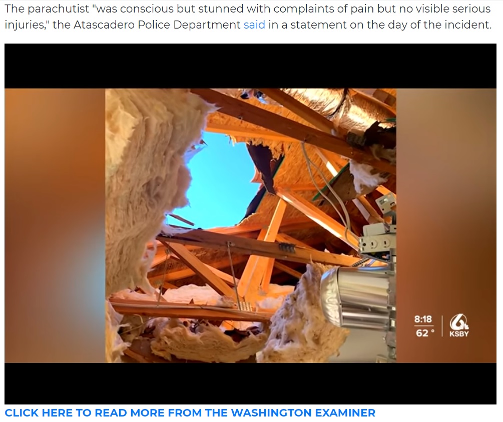 青空が見えてしまうほど屋根には大きな穴が（画像は『Washington Examiner　2021年7月12日付「Paratrooper smashes through roof of California residence after chute failure」』のスクリーンショット）