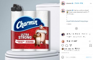 クマがメインキャラクターとなっている“チャーミン”のトイレットペーパー（画像は『Charmin　2020年12月11日付Instagram「Coal on a roll on a bowl!」』のスクリーンショット）