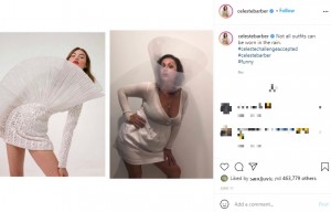 セレステさんが首に付けているのはエリザベスカラー！（画像は『Celeste Barber　2021年6月11日付Instagram「Not all outfits can be worn in the rain.」』のスクリーンショット）