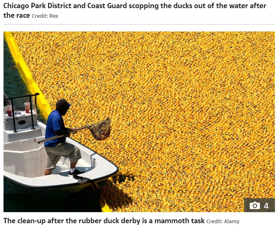 7万個のラバーダックで黄色に染まったシカゴ川（画像は『The Sun　2021年8月6日付「DUCKY DERBY 70,000 rubber ducks in sunglasses dropped into Chicago River in annual fundraising event」（Credit: Alamy）』のスクリーンショット）
