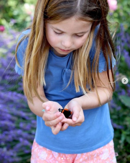 手の上の蝶を見つめるシャーロット王女（画像は『Duke and Duchess of Cambridge　2021年8月7日付Instagram「We wanted to share these beautiful Peacock and Red Admiral butterflies as part of Big ＃ButterflyCount initiative taking place across the UK.」』のスクリーンショット）