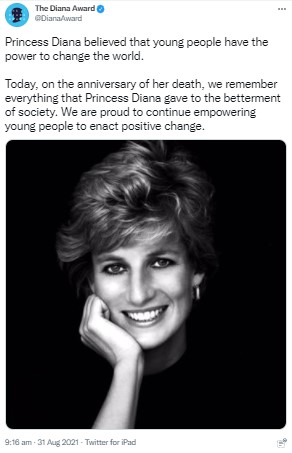 「ダイアナ・アワード」も妃を偲ぶ（画像は『The Diana Award　2021年8月31日付Twitter「Princess Diana believed that young people have the power to change the world.」』のスクリーンショット）