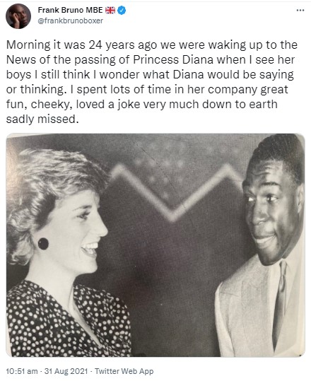 ダイアナ妃と対面するフランク・ブルーノ氏（画像は『Frank Bruno MBE　2021年8月31日付Twitter「Morning it was 24 years ago we were waking up to the News of the passing of Princess Diana when I see her boys I still think I wonder what Diana would be saying or thinking.」』のスクリーンショット）