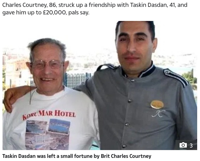 ベルボーイに遺産を渡したホテルの常連客（左）（画像は『The Sun　2021年8月31日付「HOL OF A TIP Brit widower, 86, leaves ￡20k to Turkish bellboy, 41, in will after visiting resort for 40 years」』のスクリーンショット）