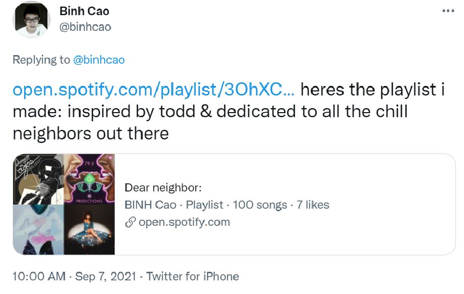 隣人のためにプレイリストを作成したビンさん（画像は『Binh Cao　2021年9月7日付Twitter「open.spotify.com/playlist/3OhXC…heres」』のスクリーンショット）