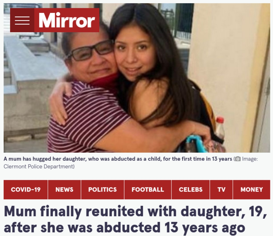 母と19歳になった娘が14年ぶりに再会（画像は『The Mirror　2021年9月15日付「Mum finally reunited with daughter, 19, after she was abducted 13 years ago」（Image: Clermont Police Department）』のスクリーンショット）