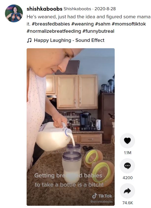 哺乳瓶にはミルクを入れている（画像は『Shishkaboobs　2020年8月28日付TikTok「He’s weaned, just had the idea and figured some mama could use it.」』のスクリーンショット）