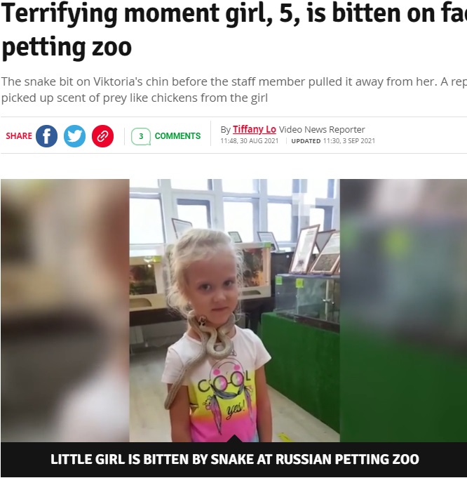 女児の右頬に近づいていくヘビ（画像は『The Daily Star　2021年9月3日付「Terrifying moment girl, 5, is bitten on face by snake at petting zoo」』のスクリーンショット）