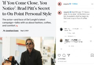『Esquire』に掲載されたブラッドへのインタビュー（画像は『Esquire　2021年9月2日付Instagram「Brad Pitt says “If I have a style, it’s no style.”」』のスクリーンショット）