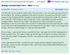 女性の投稿が大きな議論を巻き起こした（画像は『Mumsnet　2021年9月9日付「Stranger touched baby’s face - AIBU?」』のスクリーンショット）