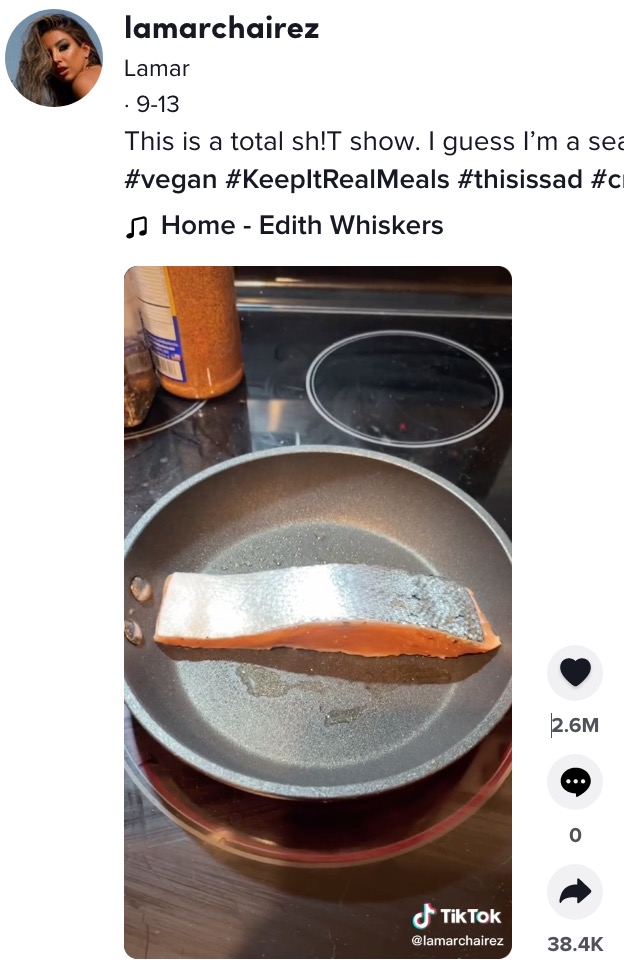 新鮮なサーモンを調理するが…（画像は『Lamar　2021年9月13日付TikTok「This is a total sh!T show.」』のスクリーンショット）