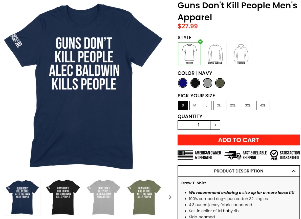 「Shop Don Jr.」で販売中のTシャツ（画像は『Shop Don Jr.: Donald Trump Jr.　「Guns Don’t Kill People Men’s Apparel」』のスクリーンショット）