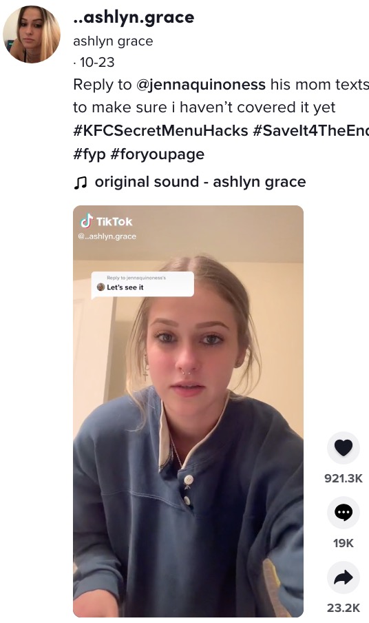 恋人の名前のタトゥーを背中に彫り入れた女性（画像は『ashlyn grace　2021年10月23日付TikTok「Reply to ＠jennaquinoness his mom texts me sometimes to make sure i haven’t covered it yet」』のスクリーンショット）