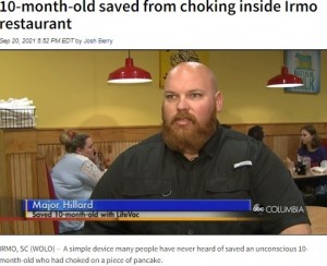 ガブリエル君を助けたメイジャーさん（画像は『ABC Columbia　2021年9月20日付「10-month-old saved from choking inside Irmo restaurant」』のスクリーンショット）