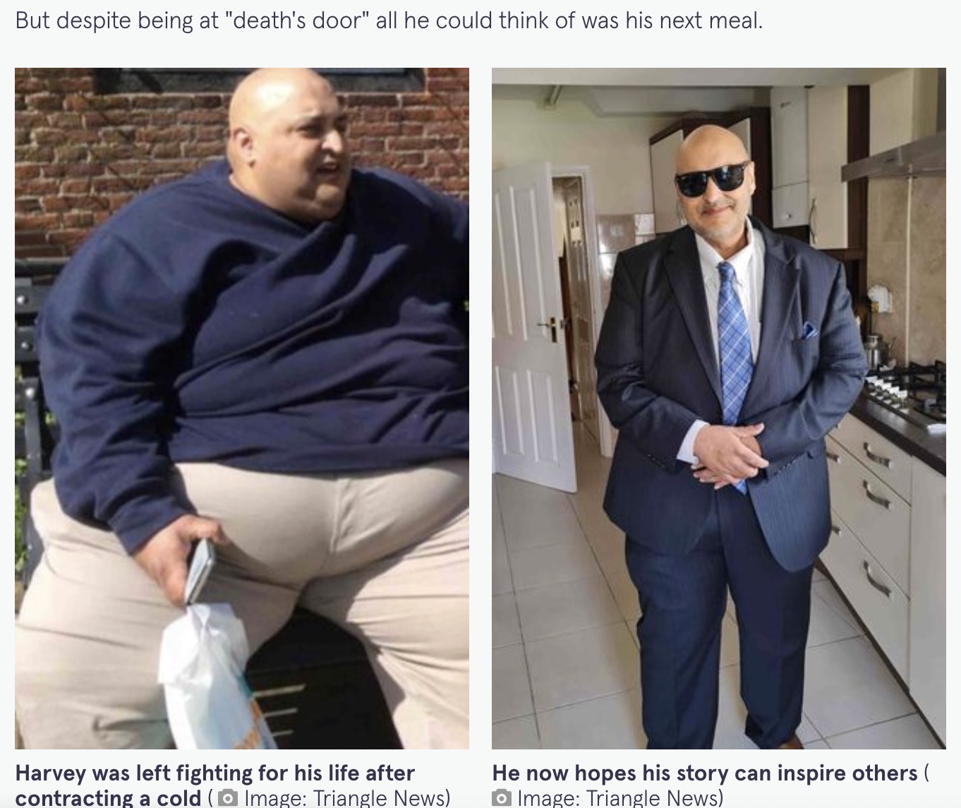 ハーベイさんのビフォーアフター（画像は『The Mirror　2021年12月14日付「Man sheds 30 stone after common cold lands him in intensive care fighting for life」（Image: Triangle News）』のスクリーンショット）