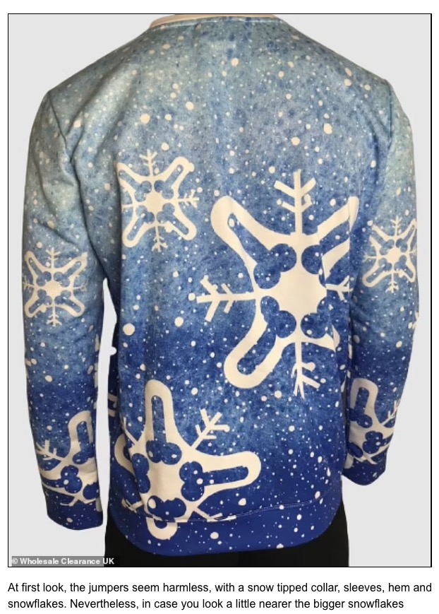 着用するには勇気がいる？（画像は『Brownells　2021年12月13日付「Designer accidentally creates a VERY rude Christmas jumper with phallic design」（Wholesale Clearance UK）』のスクリーンショット）