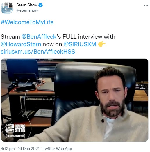 『ハワード・スターン・ショー』で私生活について語るベン（画像は『Stern Show　2021年12月16日付Twitter「＃WelcomeToMyLife」』のスクリーンショット）